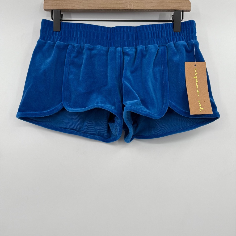 Niyama Sol Shorts Women Medium NEW Blue Velour Elastic Pull On Comfy Retro 90s